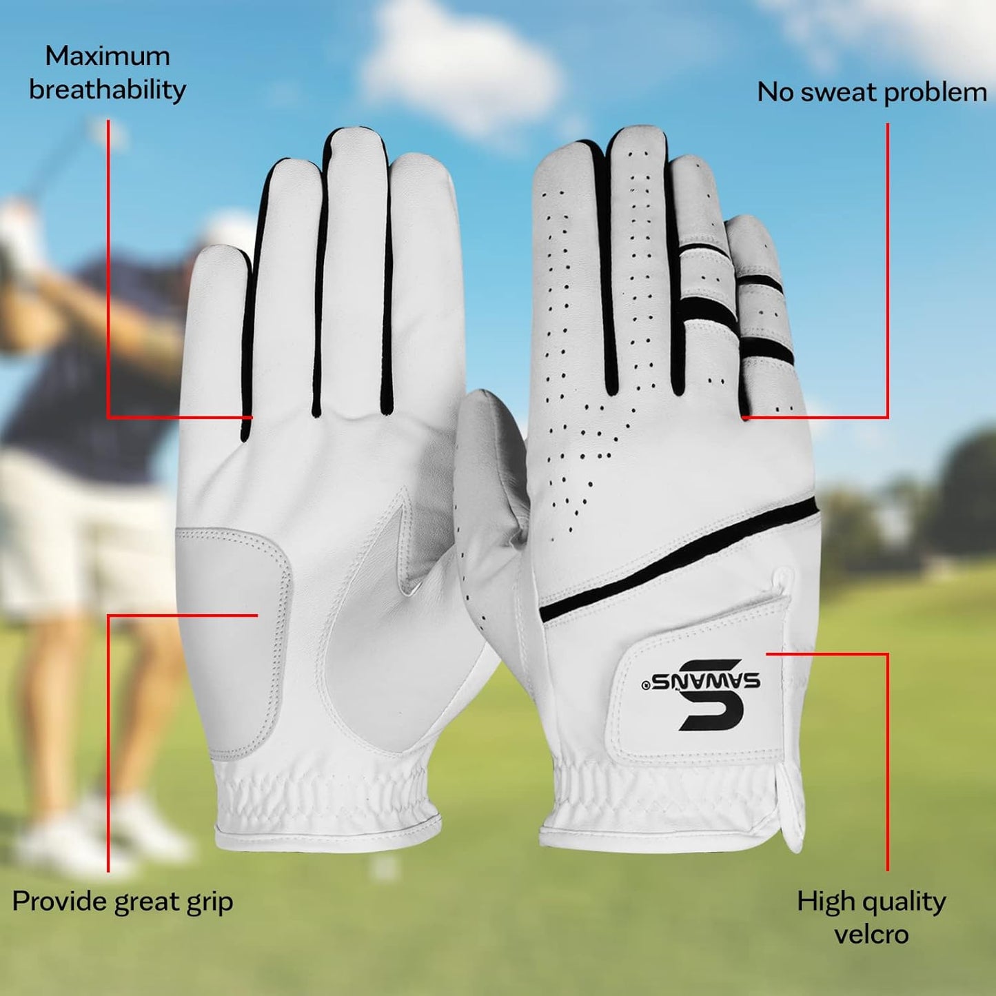 Golf Glove Men'S Durable Premium Leather Left Hand Right All Weather Grip Golfer Gloves Non Slip Flexible Golfing