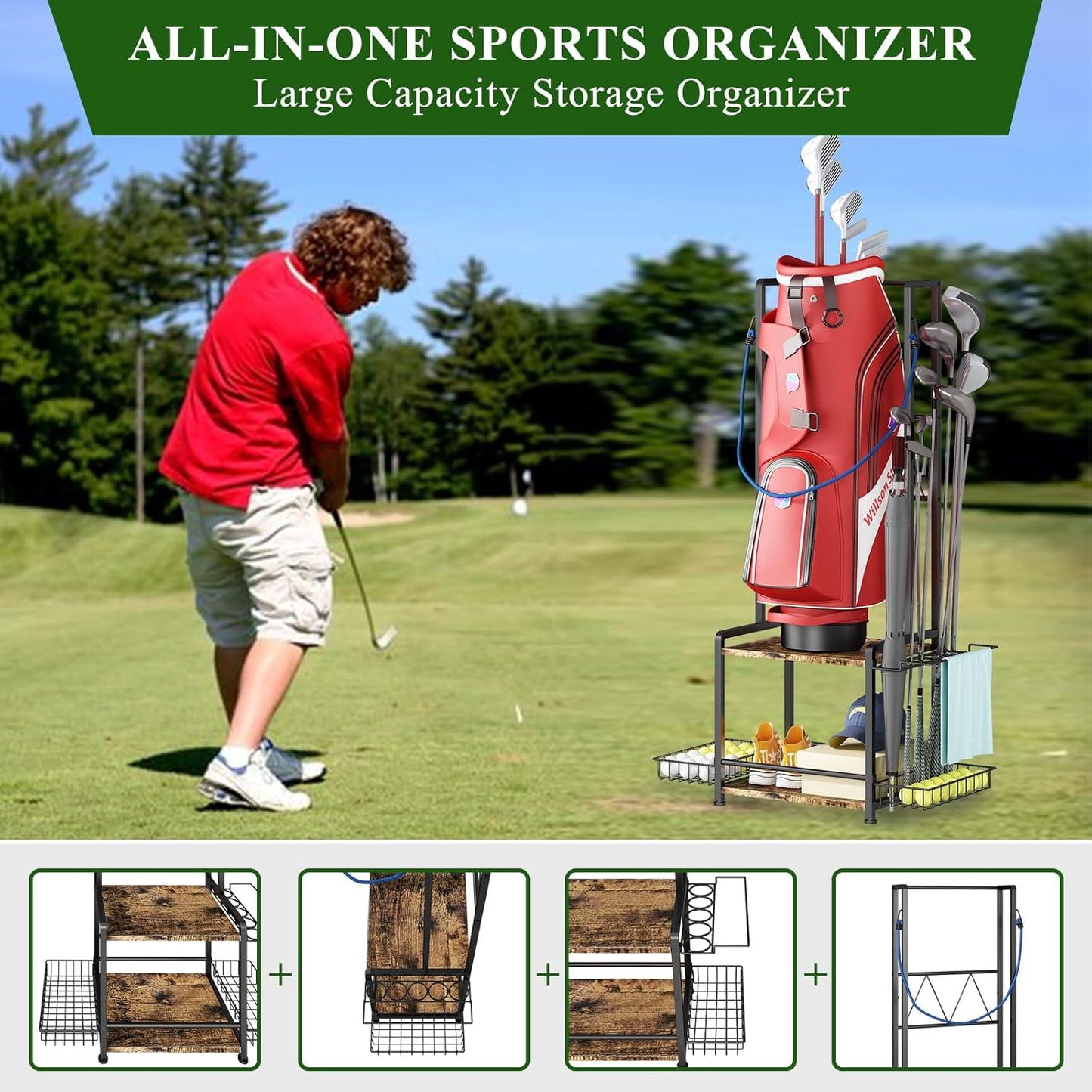 Golf Bag Storage Garage Organizer, Golf Bag Stand Fit for 2 Golf Bags, Golf Equipment Accessories, Golf Bag Storage Rack with Wheels for Garage, Club, Shed, Basement