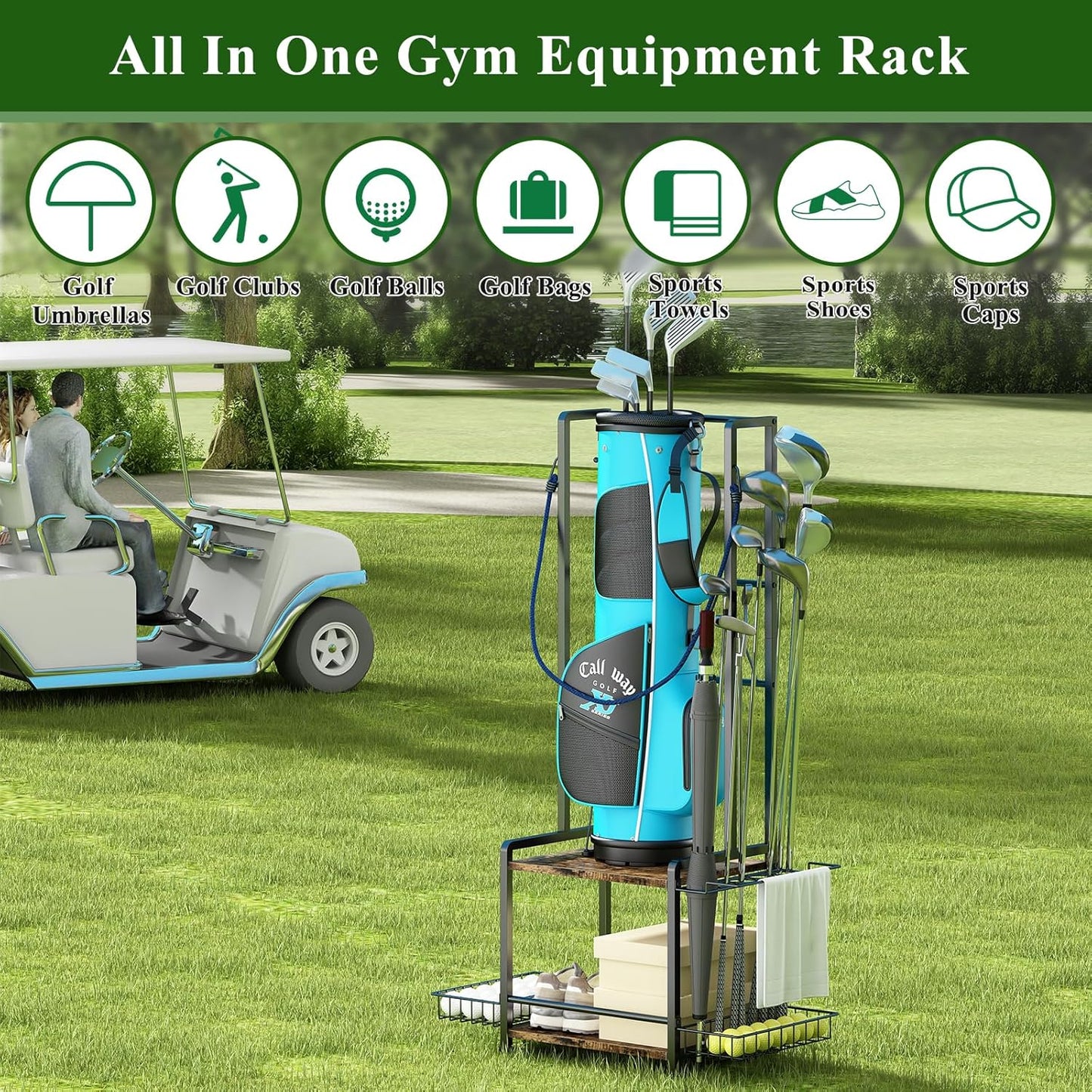 Golf Bag Storage Garage Organizer, Golf Bag Stand Fit for 2 Golf Bags, Golf Equipment Accessories, Golf Bag Storage Rack with Wheels for Garage, Club, Shed, Basement