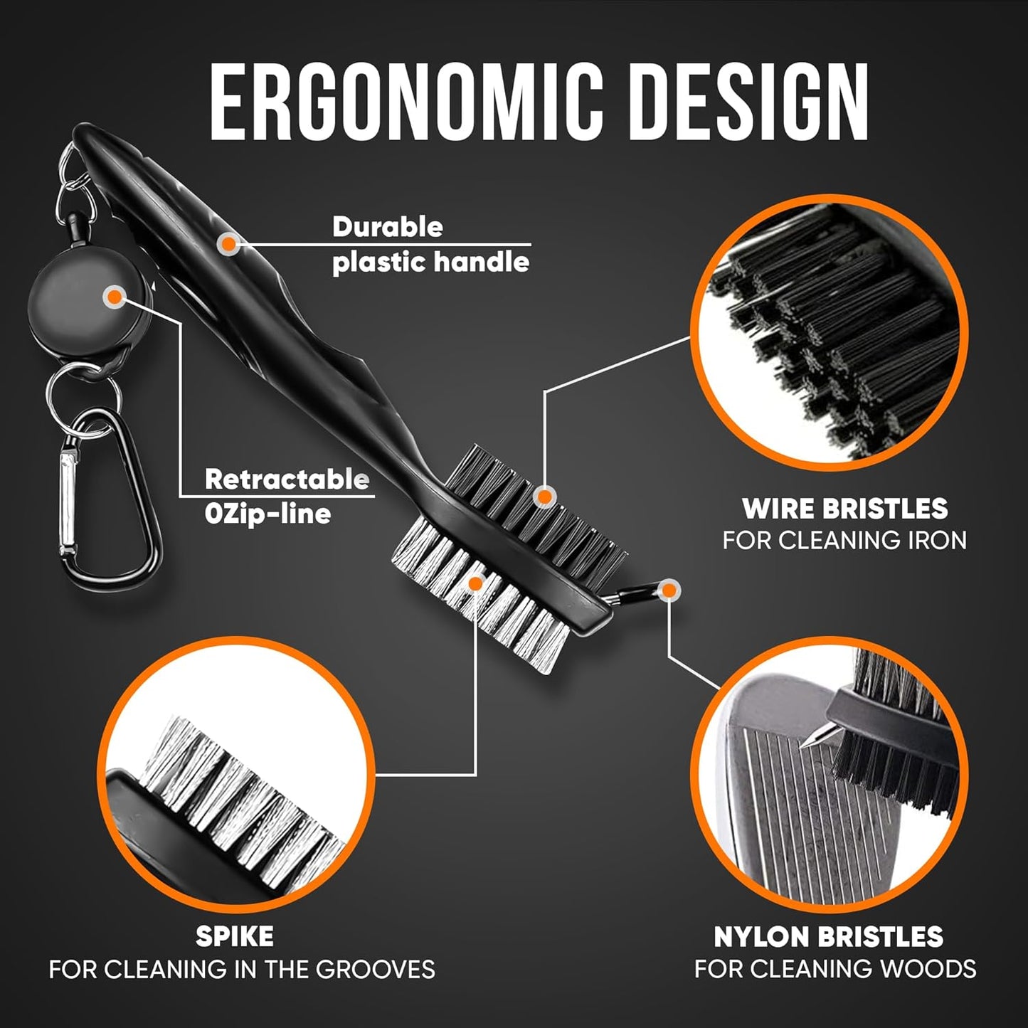 Golf Club Cleaning Brush and Groove Cleaner with Retractable Clip, Extends 2 Ft Brass, Ergonomic Design, Easily Attaches to Golf Bag(Black)