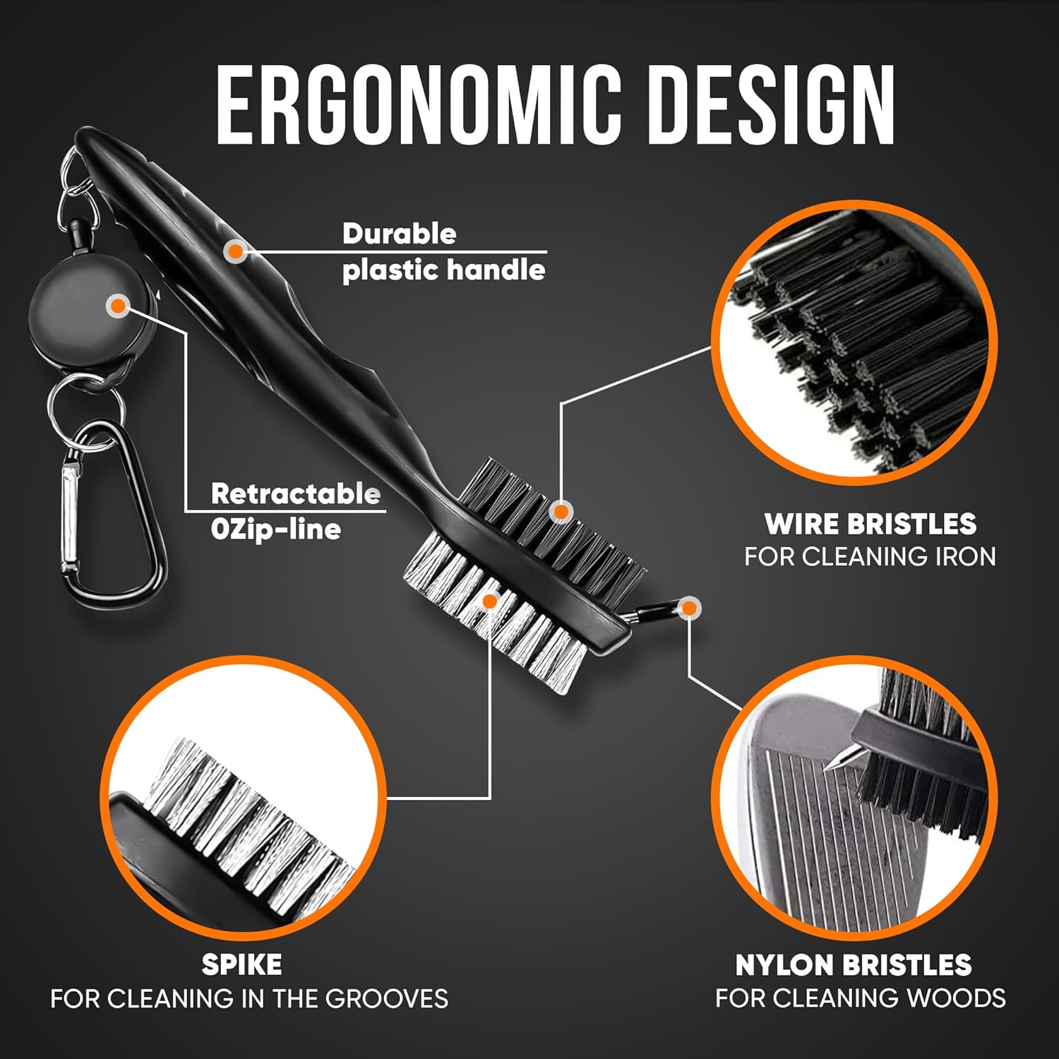 Golf Club Cleaning Brush and Groove Cleaner with Retractable Clip, Extends 2 Ft Brass, Ergonomic Design, Easily Attaches to Golf Bag(Black)