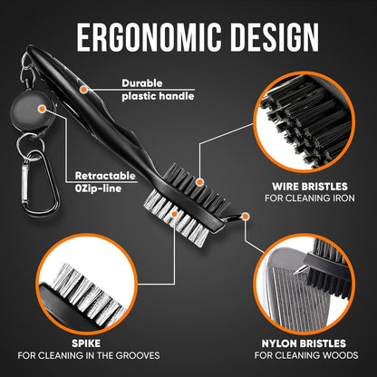 Golf Club Cleaning Brush and Groove Cleaner with Retractable Clip, Extends 2 Ft Brass, Ergonomic Design, Easily Attaches to Golf Bag(Black)