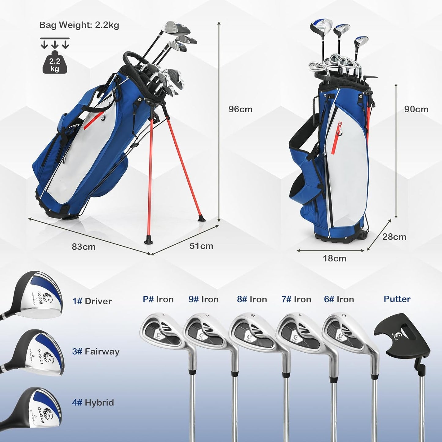 Golf Club Set, Complete Right Handed Golf Clubs Set with 460Cc Alloy Driver, 3# Fairway Wood, 4# Hybrid, 6#, 7#, 8#, 9# & P# Irons, Free Putter and Stand Bag, Adult Golf Package Sets