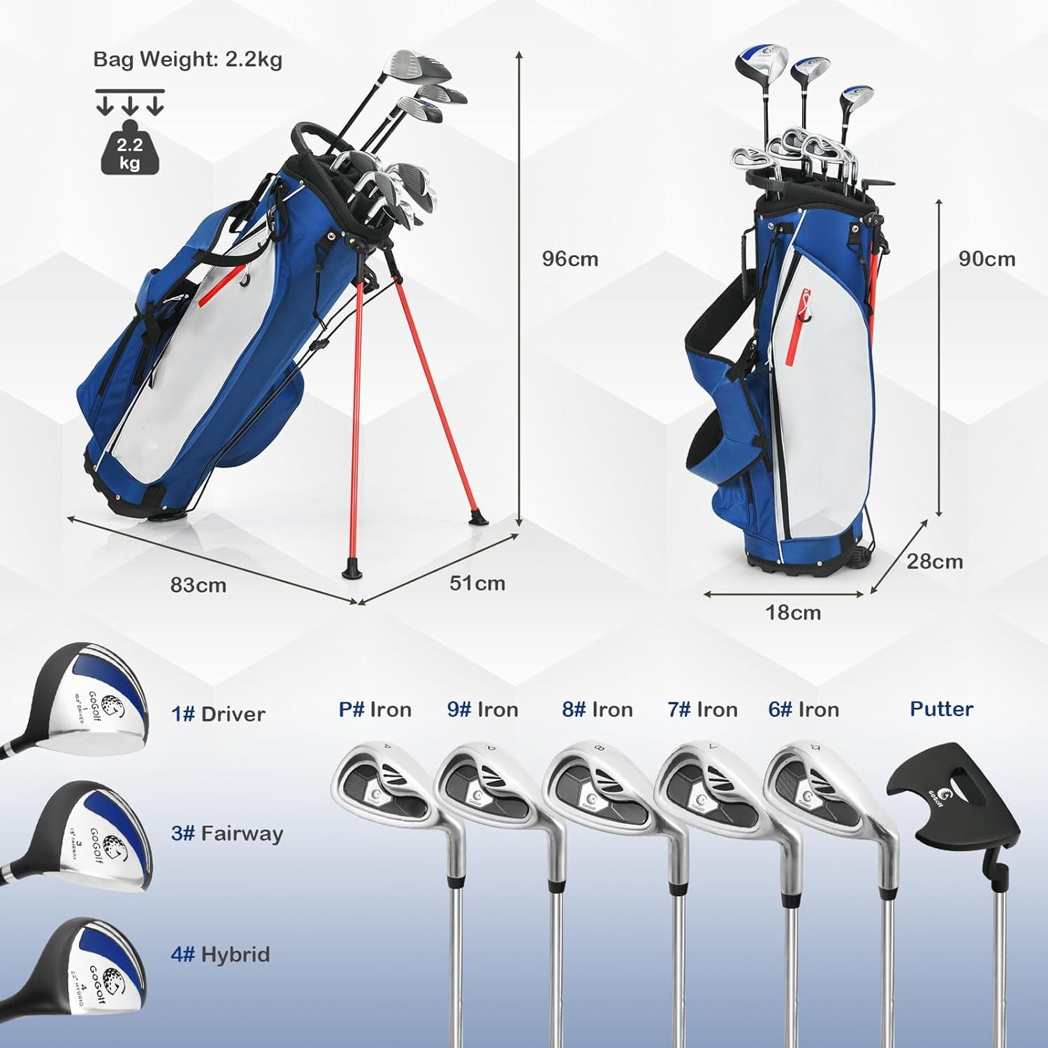 Golf Club Set, Complete Right Handed Golf Clubs Set with 460Cc Alloy Driver, 3# Fairway Wood, 4# Hybrid, 6#, 7#, 8#, 9# & P# Irons, Free Putter and Stand Bag, Adult Golf Package Sets