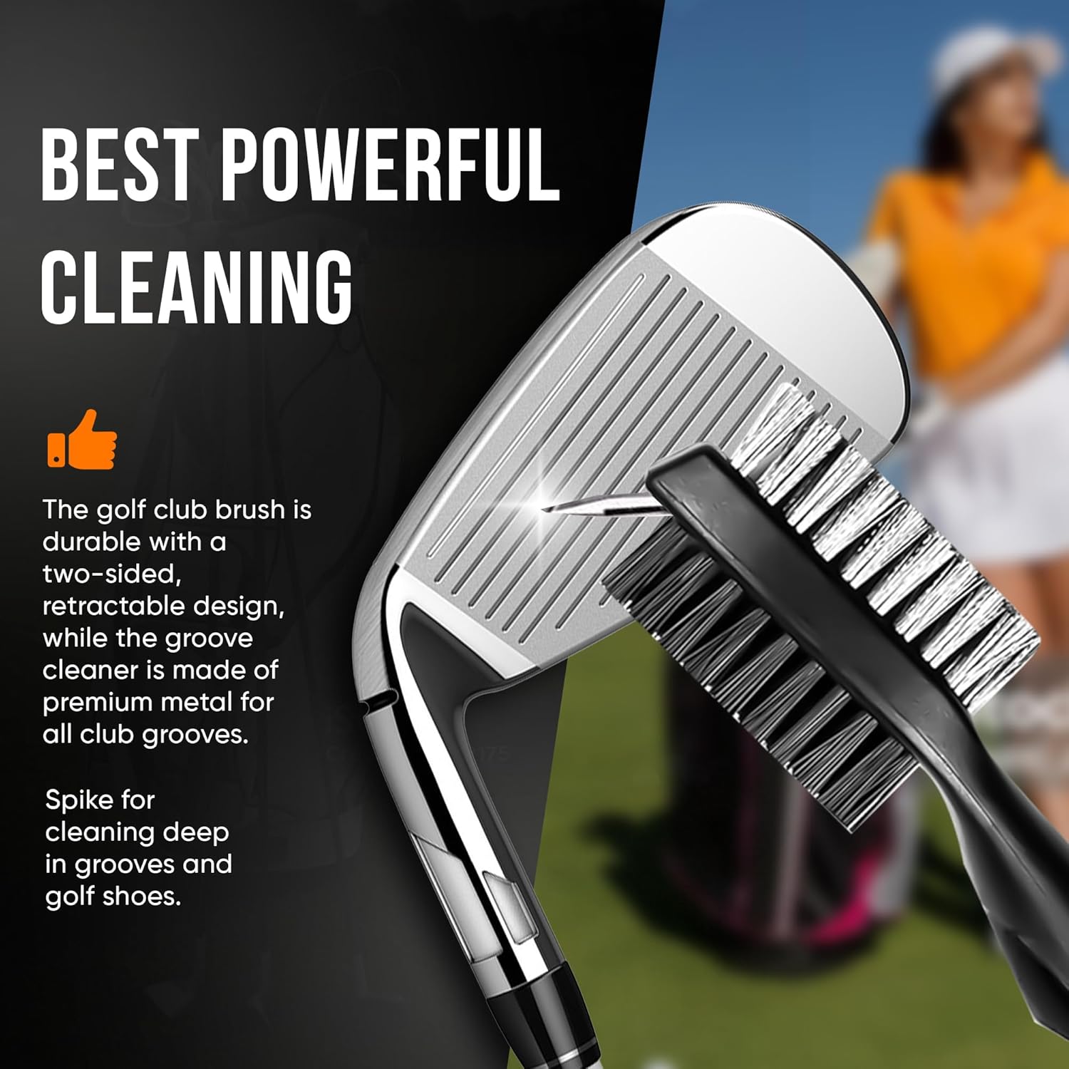 Golf Club Cleaning Brush and Groove Cleaner with Retractable Clip, Extends 2 Ft Brass, Ergonomic Design, Easily Attaches to Golf Bag(Black)