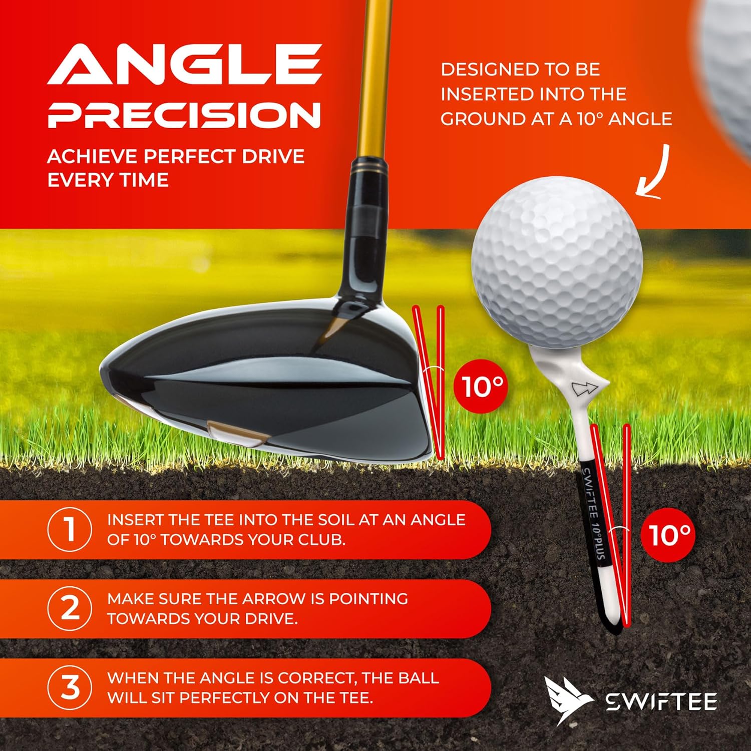Premium 10 Degree Golf Tees for Driver or Iron - Help Reduce Spin & Slice, Improve Distance & Precision (Pack of 10 Tees)
