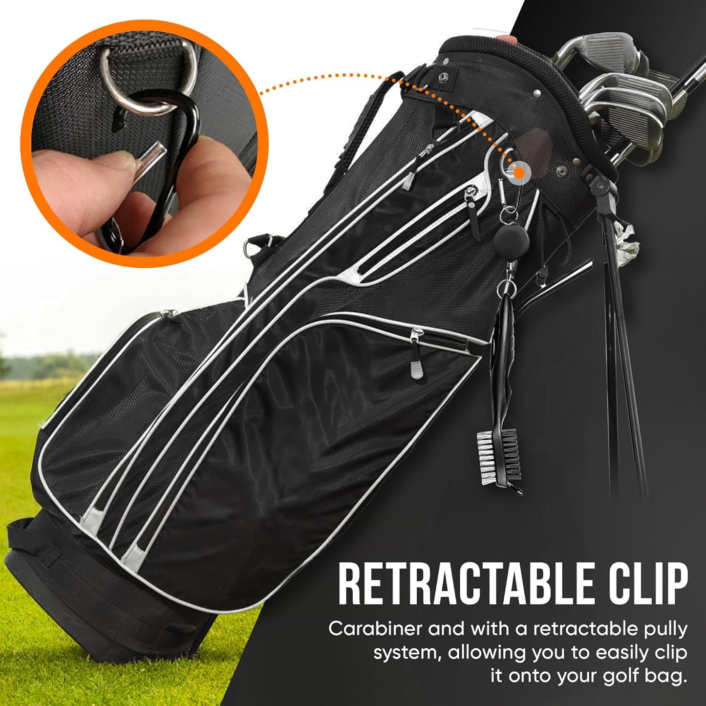 Golf Club Cleaning Brush and Groove Cleaner with Retractable Clip, Extends 2 Ft Brass, Ergonomic Design, Easily Attaches to Golf Bag(Black)