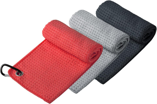 Microfiber Golf Towel (40 X 40CM) with Carabiner Clip, Waffle Pattern Golf Towel Hook and Loop Fastener - the Convenient Golf Cleaning Towel (Black/Grey/Red)