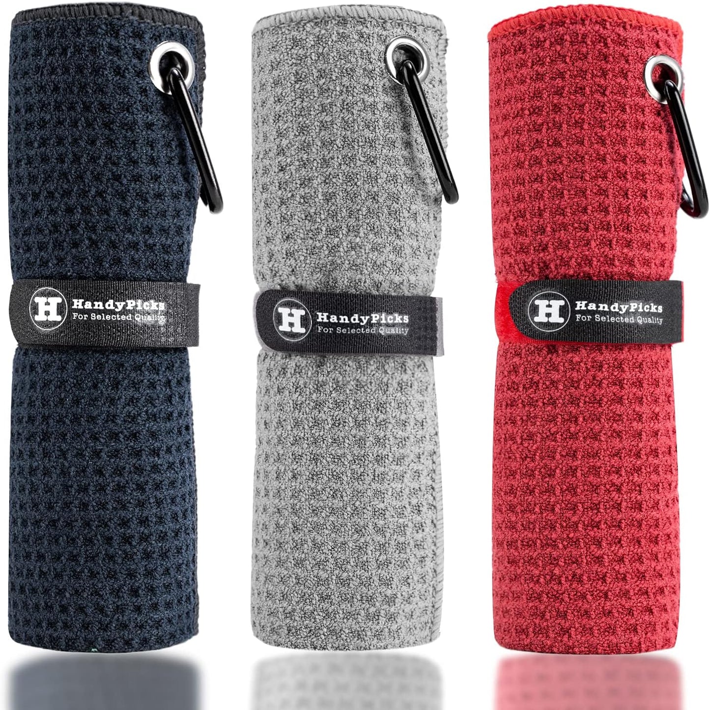 Microfiber Golf Towel (40 X 40CM) with Carabiner Clip, Waffle Pattern Golf Towel Hook and Loop Fastener - the Convenient Golf Cleaning Towel (Black/Grey/Red)