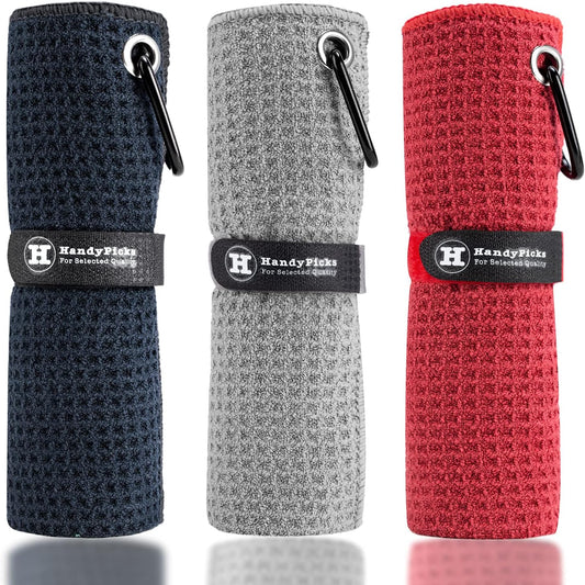 Microfiber Golf Towel (40 X 40CM) with Carabiner Clip, Waffle Pattern Golf Towel Hook and Loop Fastener - the Convenient Golf Cleaning Towel (Black/Grey/Red)
