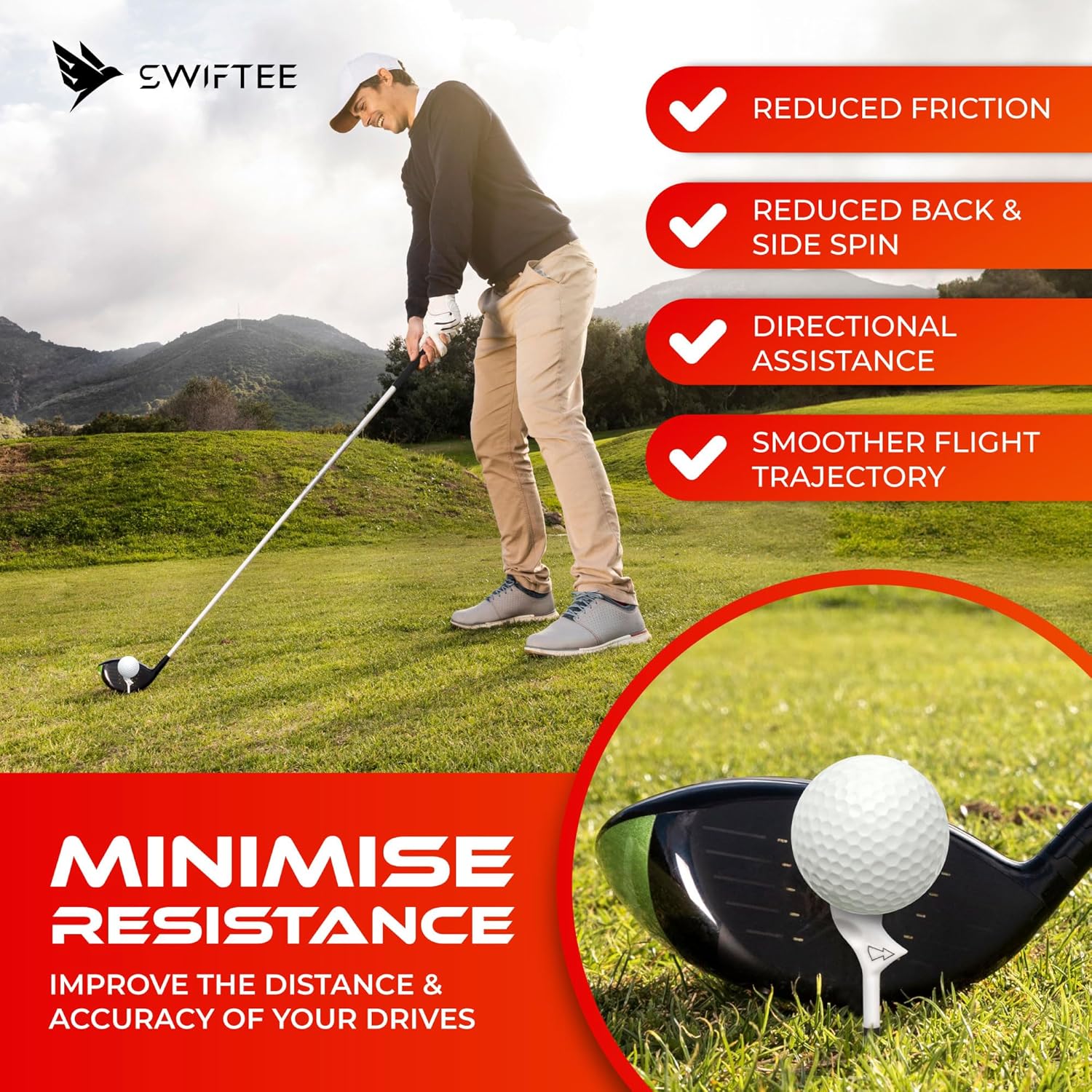 Premium 10 Degree Golf Tees for Driver or Iron - Help Reduce Spin & Slice, Improve Distance & Precision (Pack of 10 Tees)