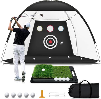 Golf Net: 10X7Ft Golf Hitting Practice Net for Backyard Driving Chipping Swing Training with Non-Slip Heavy-Duty Base Hitting Mat for Indoor or Outdoor Use, Gifts for Men Dad Husband Boys and Golfers