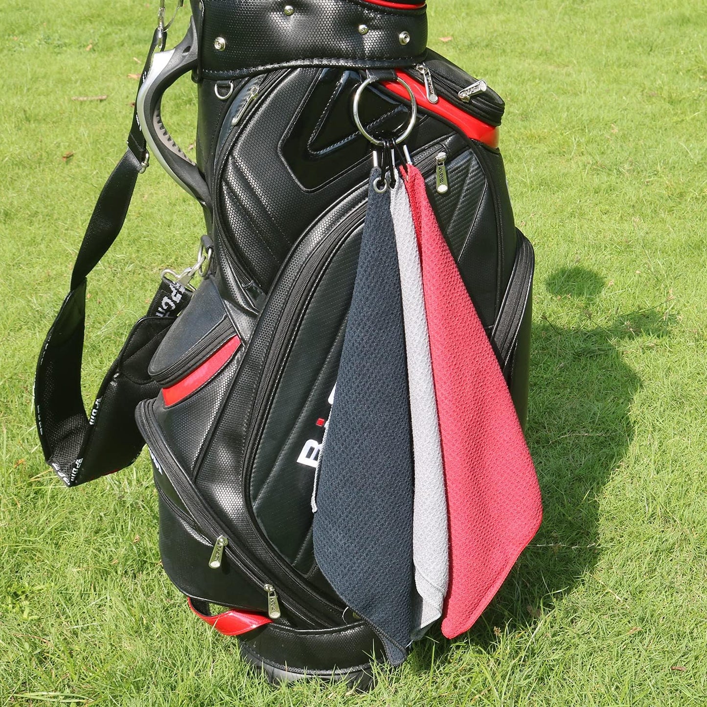 Microfiber Golf Towel (40 X 40CM) with Carabiner Clip, Waffle Pattern Golf Towel Hook and Loop Fastener - the Convenient Golf Cleaning Towel (Black/Grey/Red)