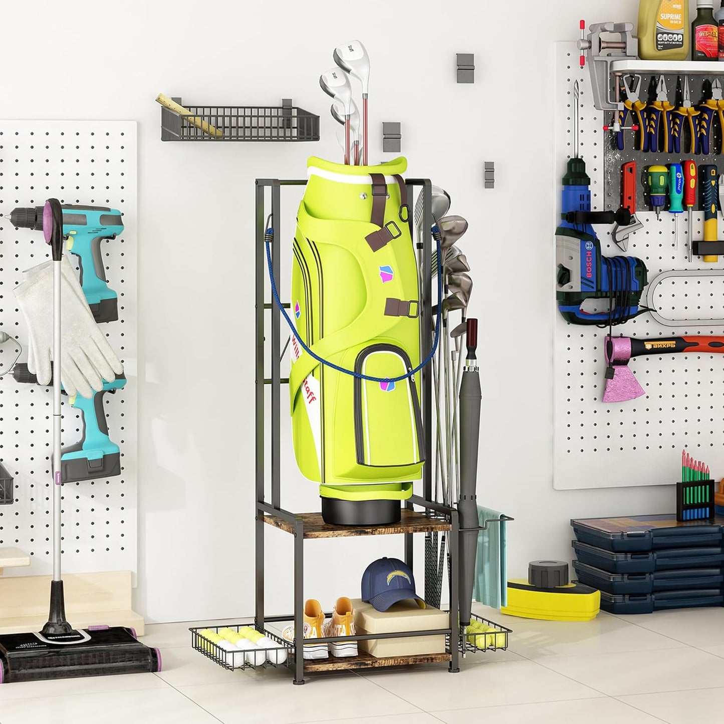 Golf Bag Storage Garage Organizer, Golf Bag Stand Fit for 2 Golf Bags, Golf Equipment Accessories, Golf Bag Storage Rack with Wheels for Garage, Club, Shed, Basement