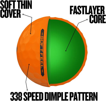 SOFT FEEL BRITE - High Visibility and Ultra-Soft Feel Golf Balls | Long Distance and Stable Trajectory | Controlled Spin and Quick Tracking | Orange/Red/Green