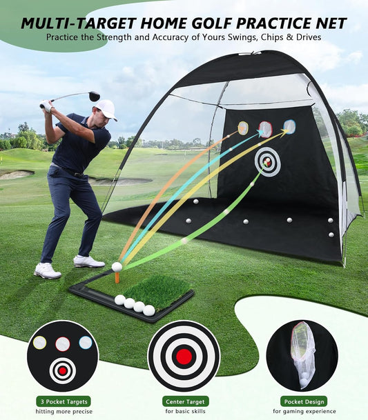 Golf Net: 10X7Ft Golf Hitting Practice Net for Backyard Driving Chipping Swing Training with Non-Slip Heavy-Duty Base Hitting Mat for Indoor or Outdoor Use, Gifts for Men Dad Husband Boys and Golfers
