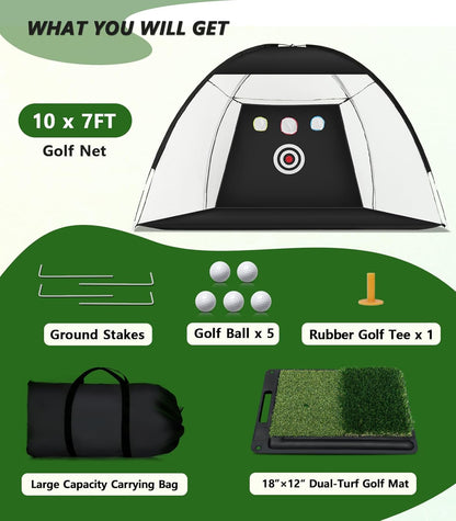 Golf Net: 10X7Ft Golf Hitting Practice Net for Backyard Driving Chipping Swing Training with Non-Slip Heavy-Duty Base Hitting Mat for Indoor or Outdoor Use, Gifts for Men Dad Husband Boys and Golfers